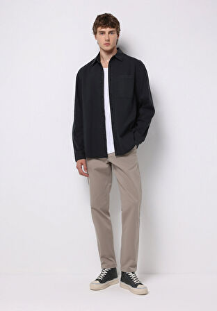 Comfort Fit Shirt Neck Düz Erkek Siyah Uzun Kol Gömlek
