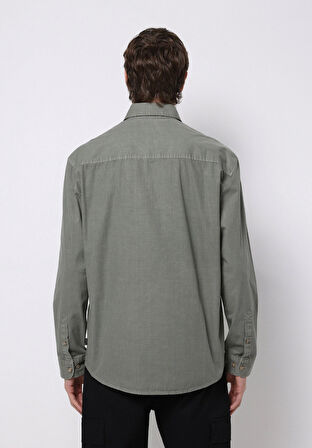 Comfort Fit Shirt Neck Düz Erkek Yeşil Uzun Kol Gömlek