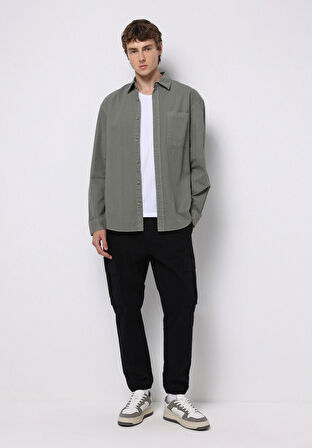 Comfort Fit Shirt Neck Düz Erkek Yeşil Uzun Kol Gömlek