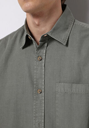 Comfort Fit Shirt Neck Düz Erkek Yeşil Uzun Kol Gömlek