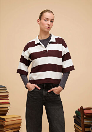 Regular Fit Polo Yaka Çizgili Kadın Mor Kısa Kol Tişört