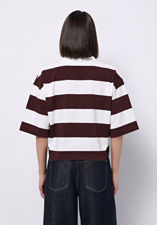 Regular Fit Polo Yaka Çizgili Kadın Mor Kısa Kol Tişört