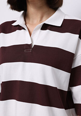 Regular Fit Polo Yaka Çizgili Kadın Mor Kısa Kol Tişört