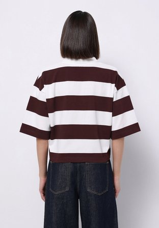 Regular Fit Polo Yaka Çizgili Kadın Mor Kısa Kol Tişört