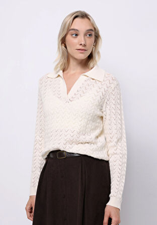 Regular Fit Polo Yaka Düz Kadın Beyaz Kazak