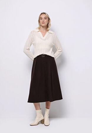 Regular Fit Polo Yaka Düz Kadın Beyaz Kazak