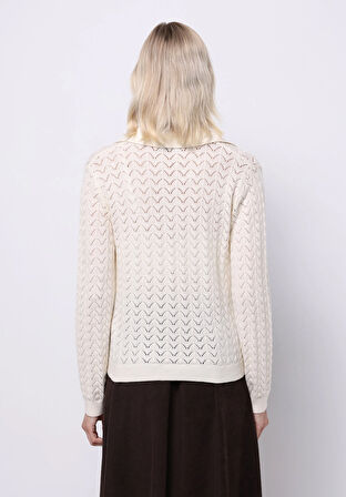 Regular Fit Polo Yaka Düz Kadın Beyaz Kazak