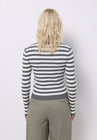 Slim Fit Yuvarlak Yaka Çizgili Kadın Yeşil Kazak