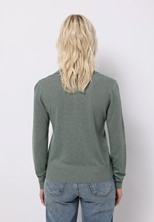 Slim Fit Polo Yaka Düz Kadın Yeşil Kazak