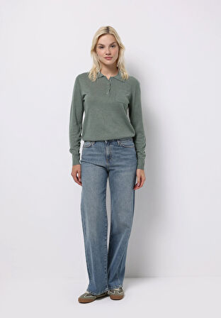 Slim Fit Polo Yaka Düz Kadın Yeşil Kazak