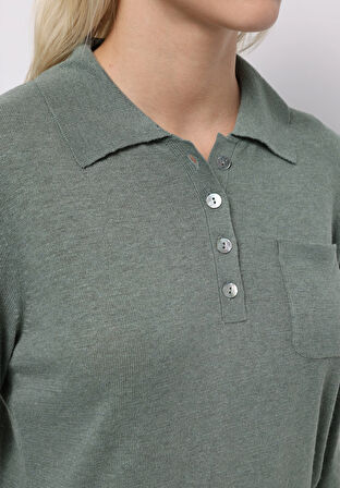 Slim Fit Polo Yaka Düz Kadın Yeşil Kazak