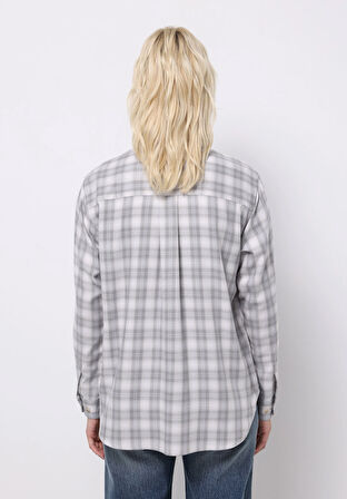 Regular Fit Shirt Neck Ekoseli Kadın Mavi Uzun Kol Gömlek