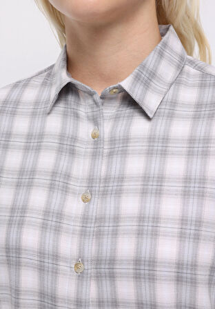 Regular Fit Shirt Neck Ekoseli Kadın Mavi Uzun Kol Gömlek