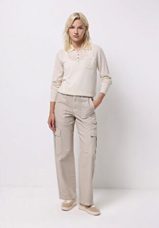 Regular Fit Yüksel Bel Geniş Paça Kadın Bej  Pantolon