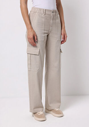 Regular Fit Yüksel Bel Geniş Paça Kadın Bej  Pantolon