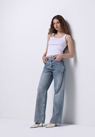 Regular Fit Yüksel Bel Geniş Paça Kadın İndigo Jean Pantolon
