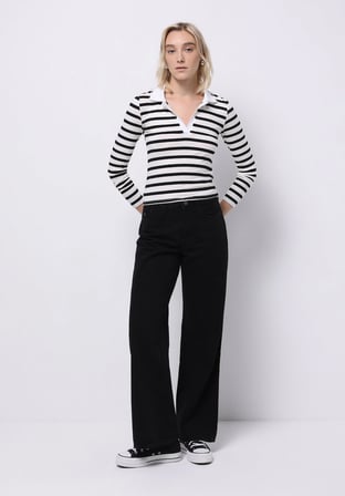Slim Fit Polo Yaka Çizgili Kadın Siyah Uzun Kol Tişört