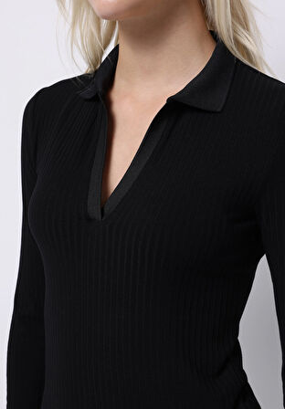 Slim Fit Polo Yaka Düz Kadın Siyah Uzun Kol Tişört