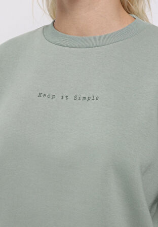 Regular Fit Yuvarlak Yaka Baskılı Kadın Yeşil Sweatshirt