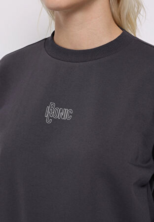 Regular Fit Yuvarlak Yaka Baskılı Kadın Antrasit Sweatshirt