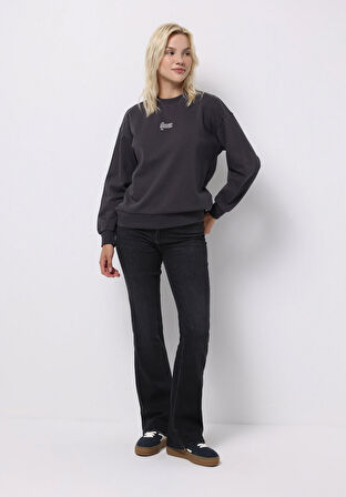 Regular Fit Yuvarlak Yaka Baskılı Kadın Antrasit Sweatshirt