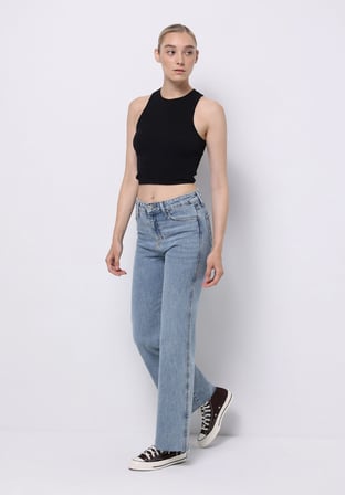 Regular Fit Yüksel Bel Geniş Paça Kadın Koyu İndigo Jean Pantolon