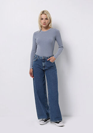Loose Fit Düşük Bel Geniş Paça Kadın İndigo Jean Pantolon