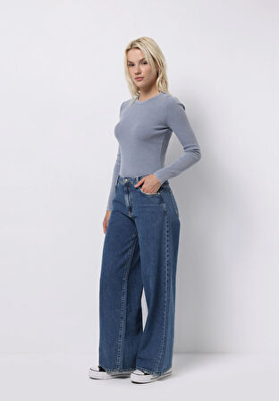 Loose Fit Düşük Bel Geniş Paça Kadın İndigo Jean Pantolon