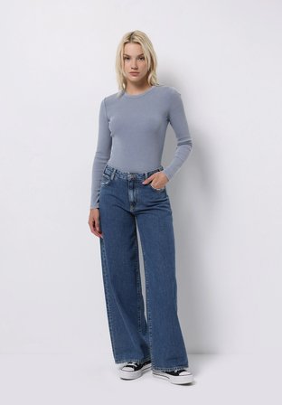 Loose Fit Düşük Bel Geniş Paça Kadın İndigo Jean Pantolon