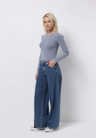 Loose Fit Düşük Bel Geniş Paça Kadın İndigo Jean Pantolon