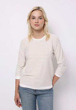 Regular Fit Yuvarlak Yaka Çizgili Kadın Bej ¾ Kol Tişört
