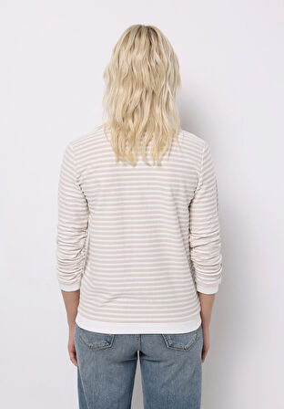 Regular Fit Yuvarlak Yaka Çizgili Kadın Bej ¾ Kol Tişört
