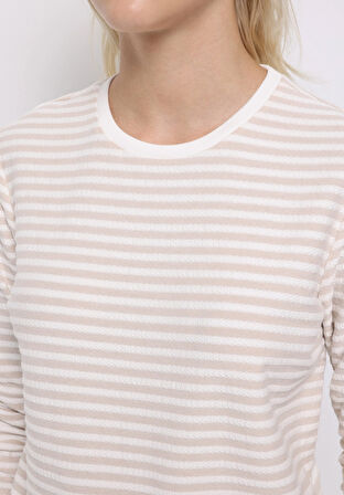 Regular Fit Yuvarlak Yaka Çizgili Kadın Bej ¾ Kol Tişört