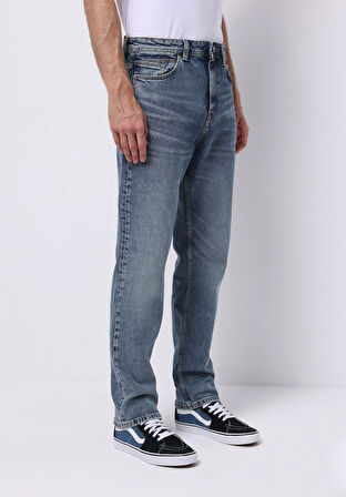 Loose Straight Fit Orta Bel Düz Paça Erkek İndigo Jean Pantolon
