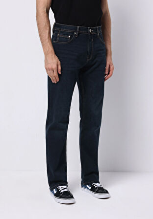 Regular Fit Orta Bel Düz Paça Erkek Koyu İndigo Jean Pantolon