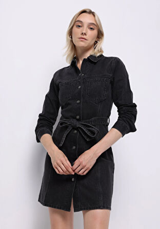 Slim Fit Düz Kadın Siyah Uzun Kol Elbise