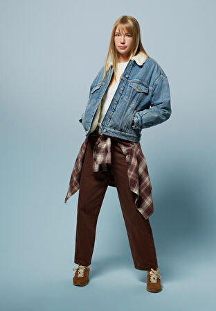 Oversize Fit Düğmeli Astarsız  Kadın Denim Ceket