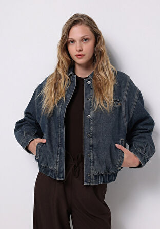 Oversize Fit Çıtçıtlı Astarsız  Kadın Mavi Ceket