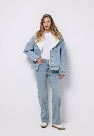 Oversize Fit Fermuarlı Astarsız  Kadın Mavi Ceket