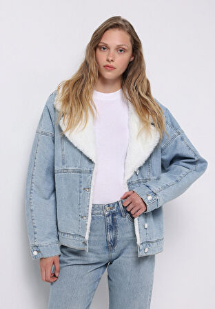 Oversize Fit Fermuarlı Astarsız  Kadın Mavi Ceket