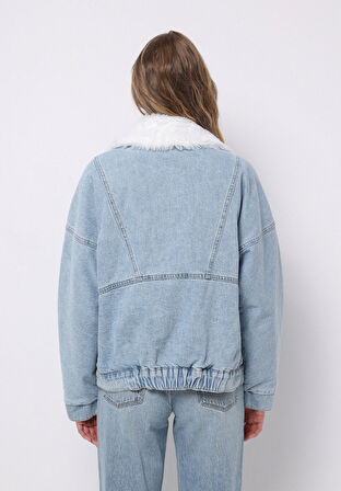 Oversize Fit Fermuarlı Astarsız  Kadın Mavi Ceket