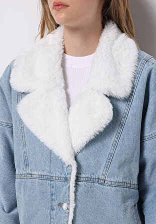 Oversize Fit Fermuarlı Astarsız  Kadın Mavi Ceket