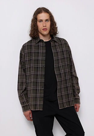 Comfort Fit Shirt Neck Ekoseli Erkek Yeşil Uzun Kol Gömlek