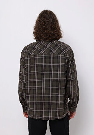 Comfort Fit Shirt Neck Ekoseli Erkek Yeşil Uzun Kol Gömlek