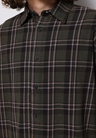 Comfort Fit Shirt Neck Ekoseli Erkek Yeşil Uzun Kol Gömlek