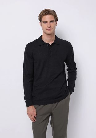 Regular Fit Polo Yaka Jakarlı Erkek Antrasit Kazak