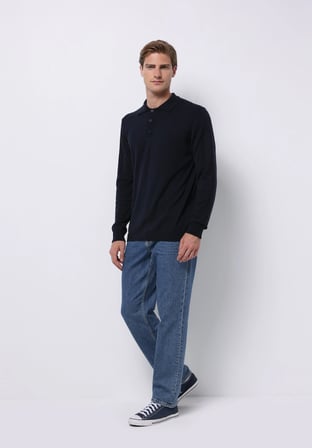 Regular Fit Polo Yaka Jakarlı Erkek Lacivert Kazak