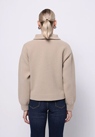 Regular Fit Fermuarlı Fermuarlı Astarsız  Kadın Bej Hırka
