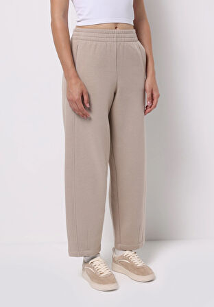 Regular Fit Orta Bel Düz Kadın Bej Eşofman Altı