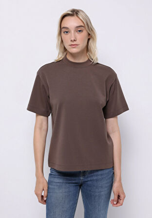 Regular Fit Yuvarlak Yaka Düz Kadın Kahverengi Kısa Kol Tişört